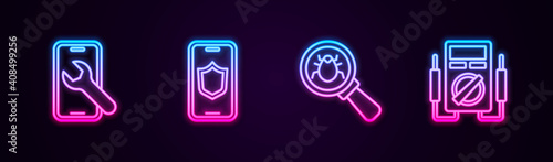 Set line Mobile service, with shield, System bug and Multimeter. Glowing neon icon. Vector.