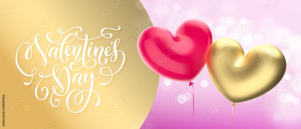 Gold Valentine's day sale banner background. Valentines day golden heart balloon on pink bokeh background. Web site banner or greeting card concept