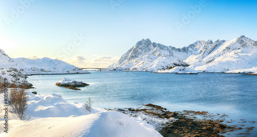 Outstanding winter view on Sundstraumen strait that separates Moskenesoya and Flakstadoya islands.