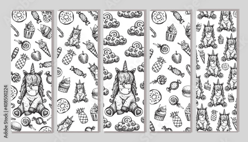 Vector set of Unicorns and sweets pattern. Unicorns bookmarks. Hand drawn illustration.