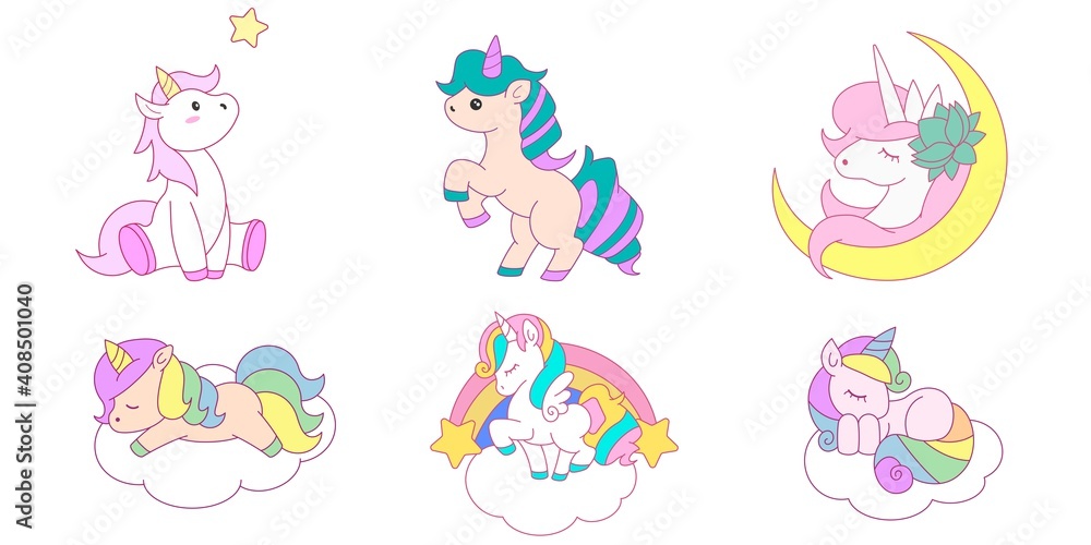 Set of cute cartoon unicorns isolated on white background Set of cute cartoon unicorns isolated on white background