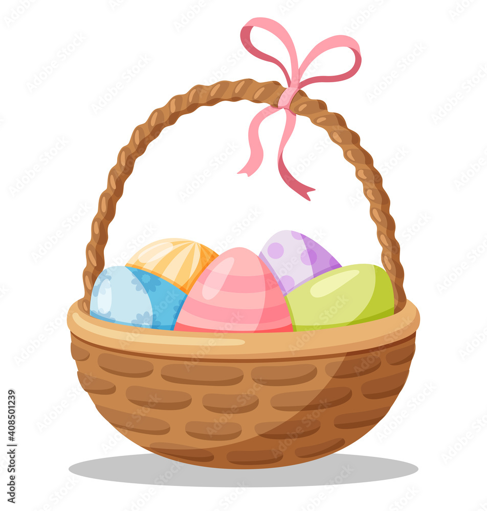 Easter wicker basket with painted eggs. Vector cartoon Illustration. Isolated on white background. Easter wicker basket with painted eggs. Vector cartoon Illustration. Isolated on white background.
