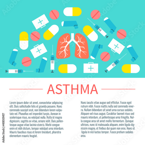 Asthma infographic design template with place for text. Asthma treatment symbols-inhalers, pills, syringes and first aid boxes. Respiratory system disease poster. Vector illustration.