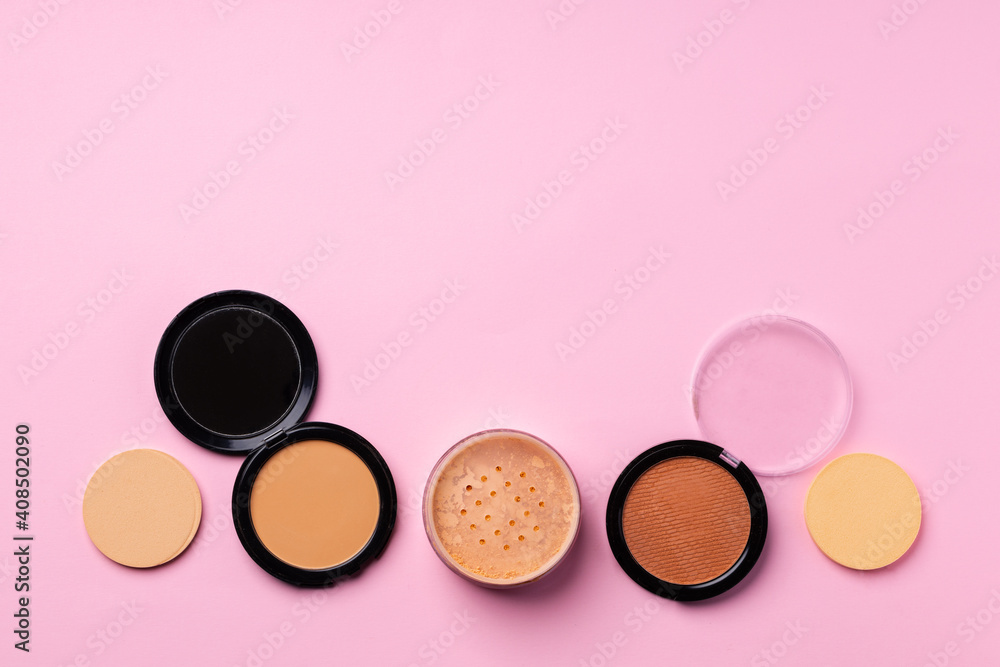 Cosmetics for face complexion on pink background Cosmetics for face complexion on pink background
