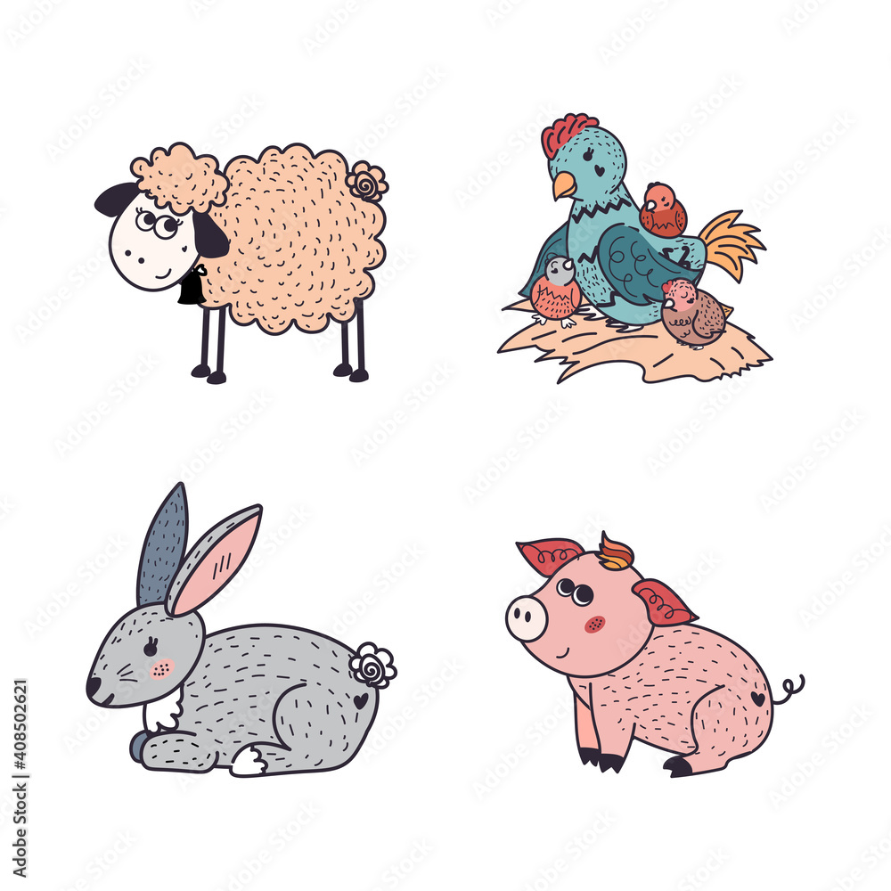 Set of farm, domestic animals and pets: adorable rabbit, funny pig, chicken and sheep. Childish colored flat vector hand drawn illustration isolated on white background. Country life. Cartoon animals
Set of farm, domestic animals and pets: adorable rabbit, funny pig, chicken and sheep. Childish colored flat vector hand drawn illustration isolated on white background. Country life. Cartoon animals