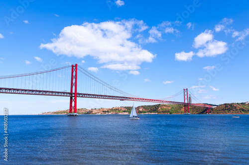 Famous bridge in Lisbon over the Tagus river. Ponte 25 de Abril in Lisboa Portugal