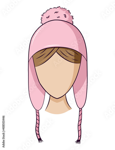 A pink earflap hat on the head of a girl without a face with hair, with a pom-pom and ties. Isolated color image with a dark outline on a white background. Doodle.