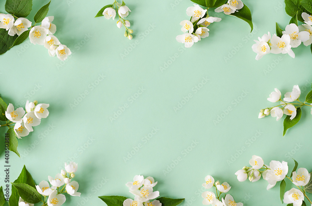 frame from flowers and branches of jasmine on green background. design spring floral greeting card, wedding invitation, natural cosmetic, packaging and herbal tea. copy space, text frame from flowers and branches of jasmine on green background. design spring floral greeting card, wedding invitation, natural cosmetic, packaging and herbal tea. copy space, text