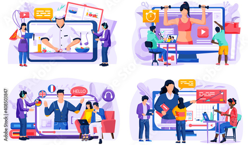 Set of illustrations on the topic of studying via the Internet. Video recording of culinary blog. Online geometry lesson. Teacher on screen speaks english. Girl athlete lifts dumbbells and do sports