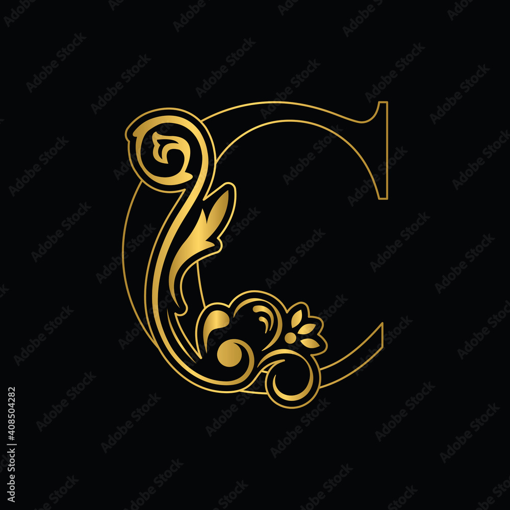 Fototapeta premium Golden letter C. flower letters. Vintage ornament initial Alphabet. Logo vector 