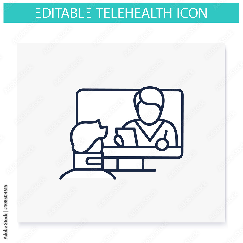 Telerehabilitation line icon. Telehealth medical care.Virtual rehabilitologist consultation.Telemedicine, health care concept.Online medicine, orthopedics.Isolated vector illustration.Editable stroke 