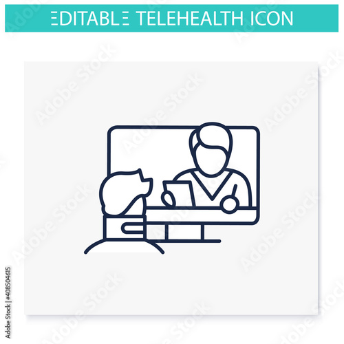 Telerehabilitation line icon. Telehealth medical care.Virtual rehabilitologist consultation.Telemedicine, health care concept.Online medicine, orthopedics.Isolated vector illustration.Editable stroke 