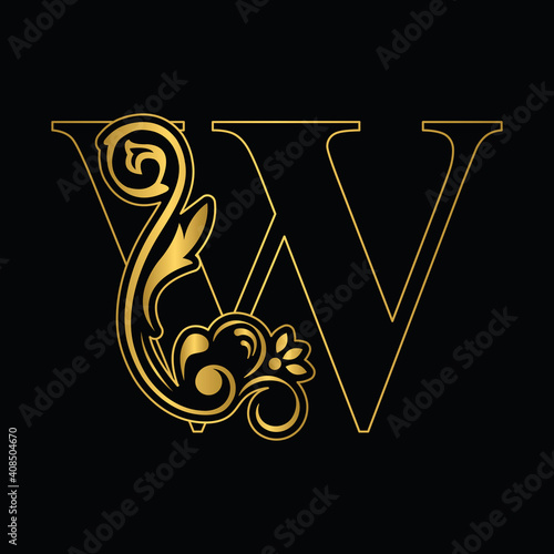 Golden letter W. flower letters. Vintage ornament initial Alphabet. Logo vector	
