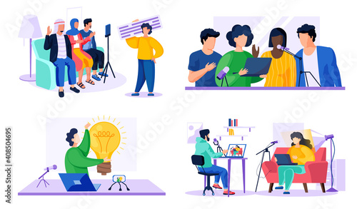 Group of people records video and speaks into microphone near woman with text table. Girl in a yellow sweater sits on a chair shoots video and text from laptop on a camera vector illustration