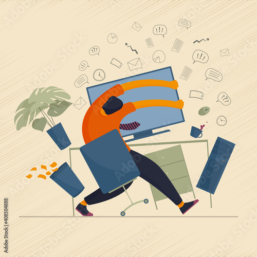 The concept of human character overload with information and mental breakdown while working at the computer. Vector illustration.