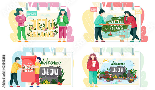 People tourists are going on a trip, looking at the banner for travel to the south korean island Jeju. Journey to a tropical island with wonderful sights, historical monuments, active lifestyle photo