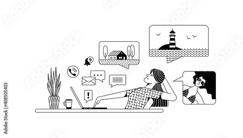 Woman dreams about travelling near laptop at table in office