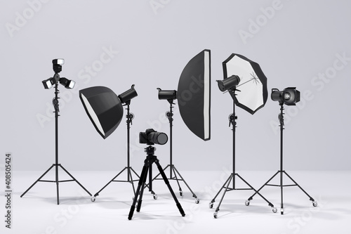 Fotografie, Obraz Photography studio flash on a lighting stand on white background