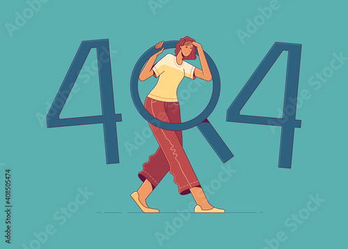 Young woman is looking for something in 404 error sign