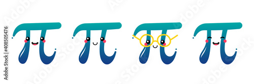 Set, collection of cute smiling cartoon style pi letter characters for World Pi Day.