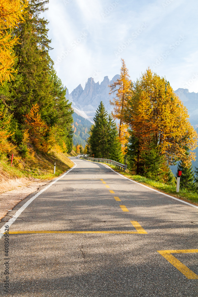 Cozy winding autumn road near the village of Santa Maddalena in autumn colors, Province of Trentino Alto Adige, Val di Funes Valley, South Tyrol
