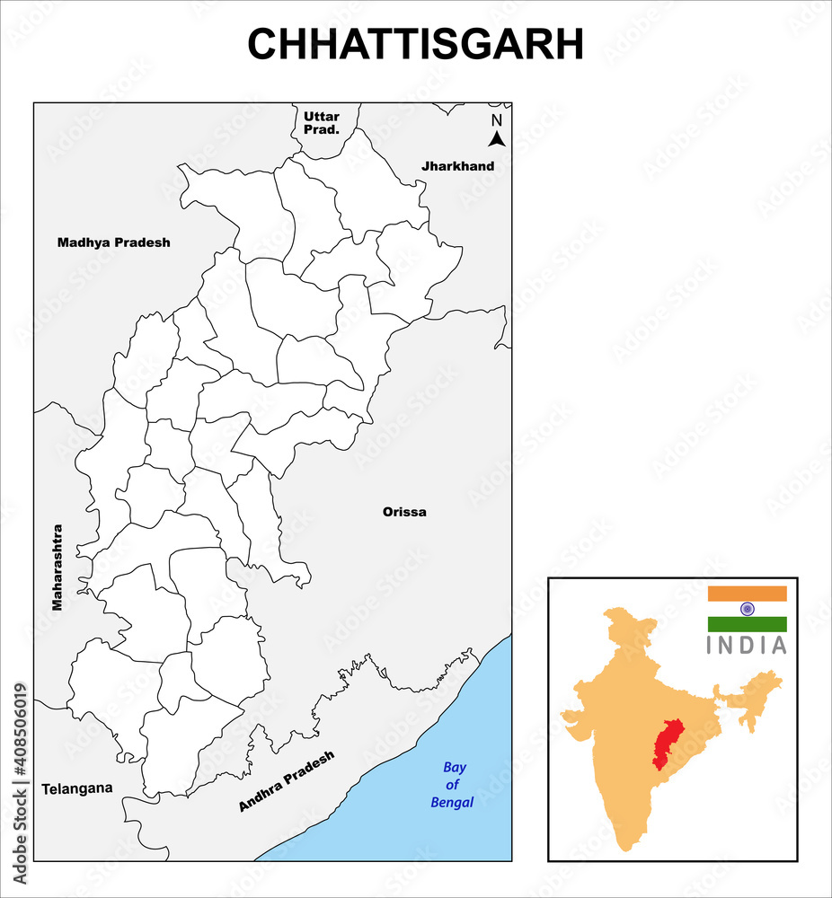Chhattisgarh map. Chhattisgarh districts map with other state names. Chhattisgarh district map with border in highlight color.