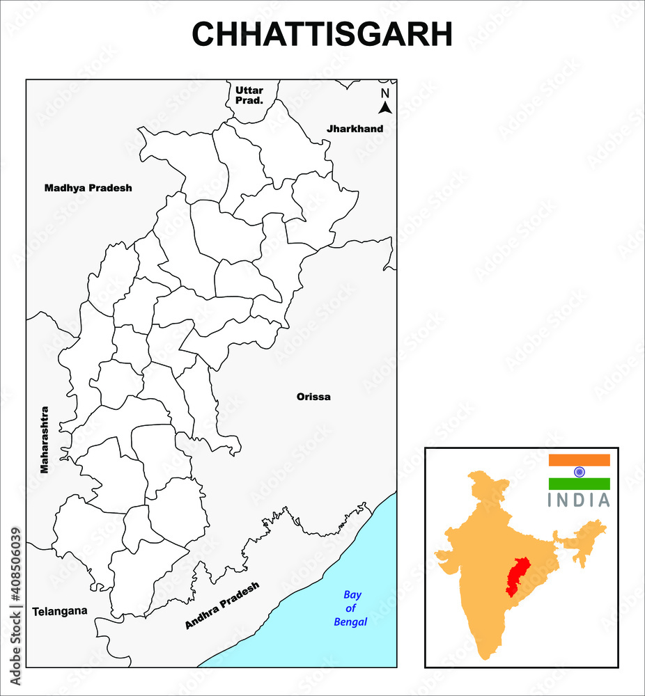 Chhattisgarh map. Chhattisgarh districts map with other state names. Chhattisgarh district map with border in highlight color.