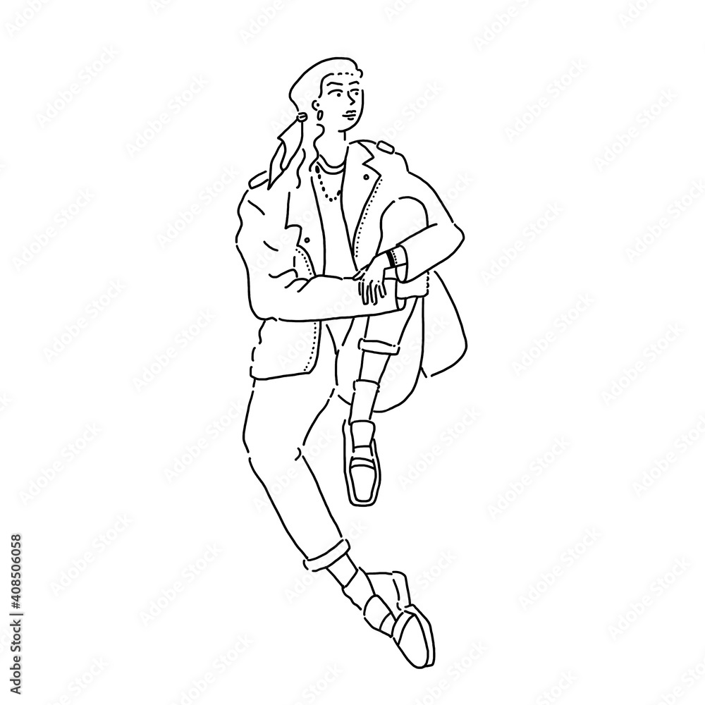 Fototapeta premium avatar character. line art. girl sitting looking into the distance