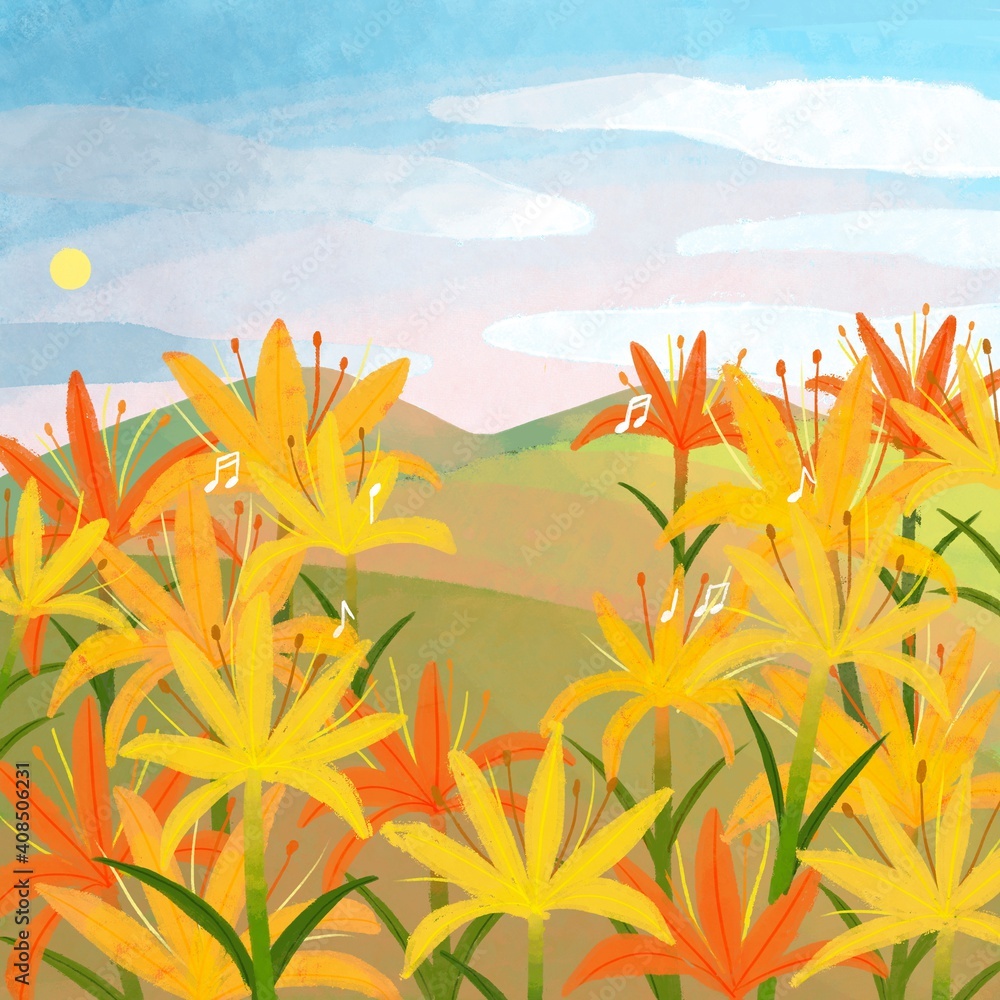 Obraz premium Orange and yellow flowers with green leaves. Grassland and mountain at sunset. Blue and pink sky background. fresh weather is fine.