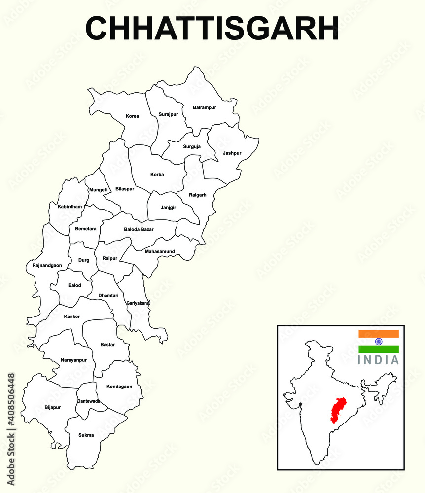 Chhattisgarh map. Political and administrative map of Chhattisgarh with