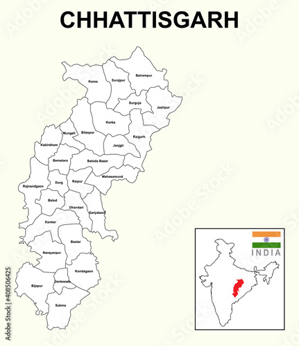 Chhattisgarh map. Political and administrative map of Chhattisgarh with the district name. Showing State boundary and district boundary of Chhattisgarh.