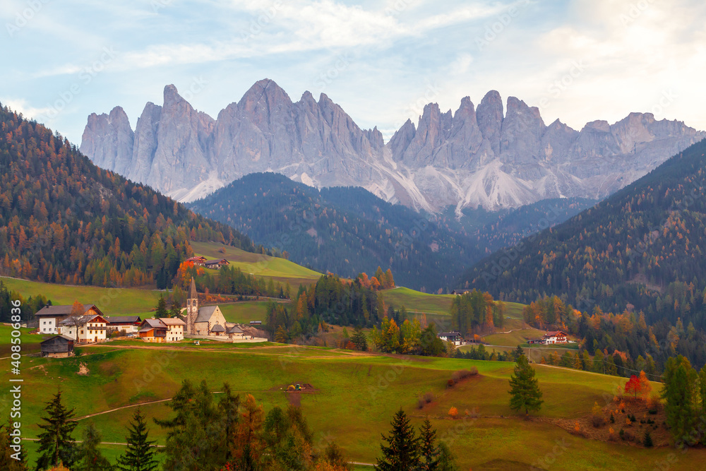 Beautiful Dolomites, Odle mountain range, Seceda mountains near the village of Santa Maddalena, Trentino Alto Adige province, Val di Funes valley in South Tyrol