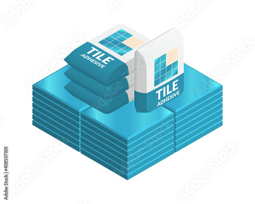 Isometric vector illustration of stack of ceramic tiles and adhesive bag isolated on white background. Realistic blue isometric tiles and glue bag vector icon in flat cartoon style. Building materials