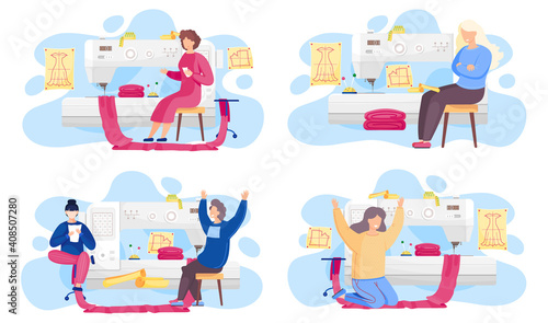 A set of illustrations on the topic of tailoring in the studio. People are planning design of clothes. Colleagues are working with sewing machine. Girl with a piece of fabric in the atelier