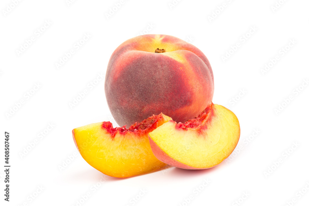 Summer fruit background. Ripe juicy peaches on white background. Copy space. Fresh organic fruit vegan food. Harvest concept Summer fruit background. Ripe juicy peaches on white background. Copy space. Fresh organic fruit vegan food. Harvest concept
