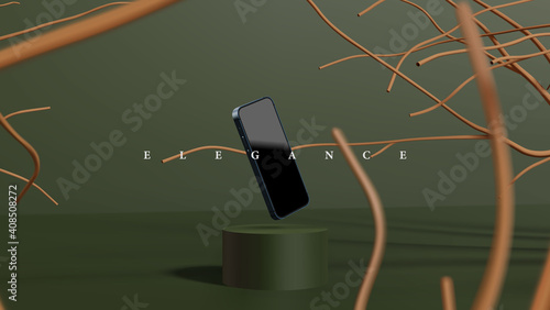 Realistic elegant forest branches podium scene for product display showcase or presentation template vector. 3d modern smartphone mockup
