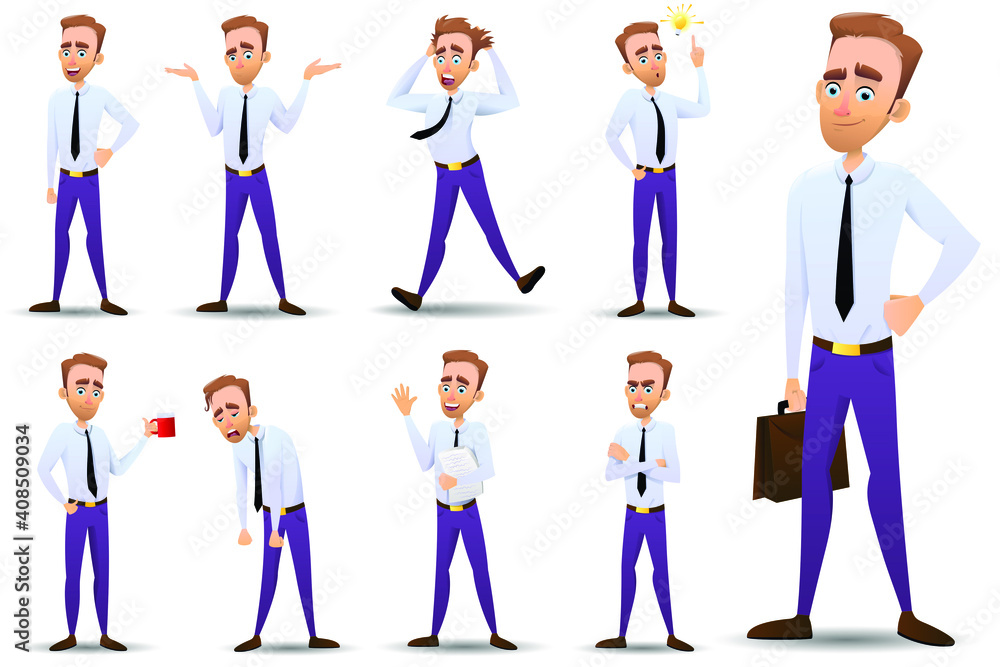Set of different poses of the characters of a businessman, office worker, office manager or civil servant isolated on a white background. Vector illustration