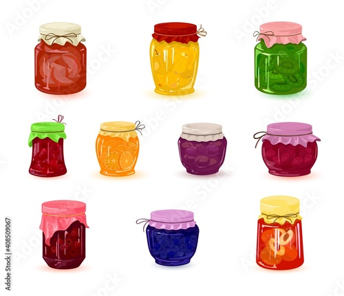 Collection of berry fruit jams, canned sweet food product, dessert for tea. Vector blueberry, apricot, raspberry, plum, orange, cherry, kiwi, peach, pear and apple flavor idea isolated on white