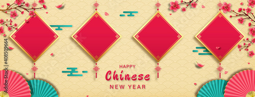 Happy Chinese new year banner background with empty red hangings for your texts or pictures on oriental wave pattern