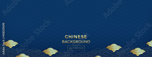 Oriental style pattern on blue banner background with golden waves at lower border