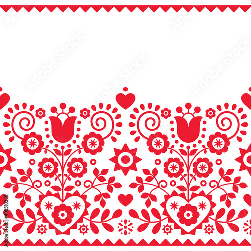 Polish folk art vector seamless textile or fabric print pattern with red floral motif - Lachy Sadeckie