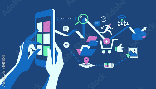 Le numerose possibilità delle applicazioni mobile. Le mani che interagiscono con un dispositivo digitale dal quale esce un flusso di icone