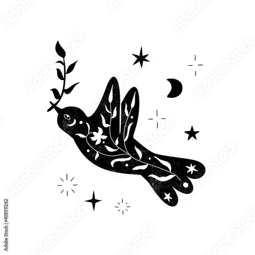 FLoral black bird silhouette. Vector scandinvian design