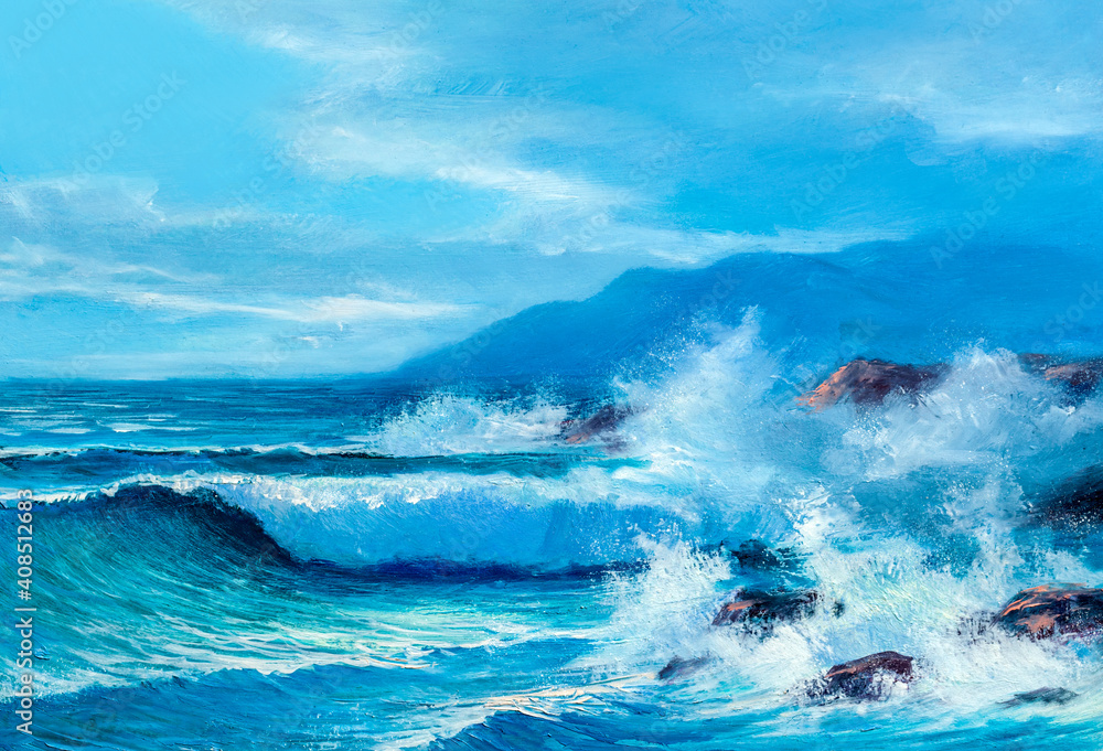 Blue waves. Sea sunrise. Quay wave stock. Painting.