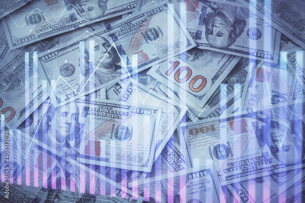 Fototapeta premium Double exposure of forex graph drawing over us dollars bill background. Concept of financial markets.