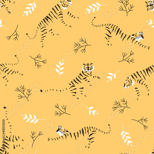 Seamless pattern of striped tigers on a sandy background. Stylized pattern for fabric with tiger stripes. Wild cat stylization. Flat vector illustration.
