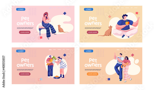 Pet owners landing page template. Happy people playing with their domestic animals scenes set on pink background, walking with little friend. Person is having leisure spend time with cat and rabbit