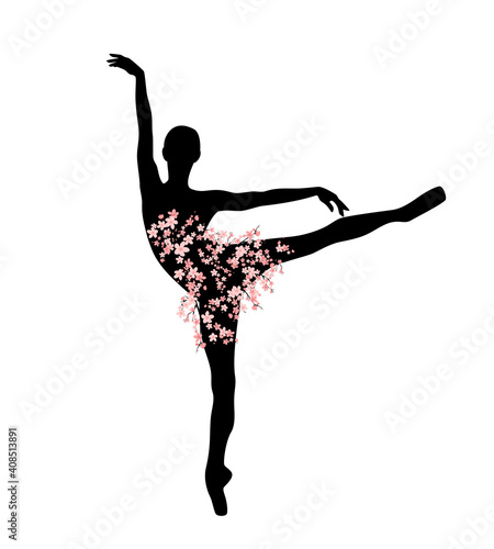 graceful ballerina girl with tutu dress made of blooming sakura branches standing on pointe shoes - slim dancer figure vector silhouette