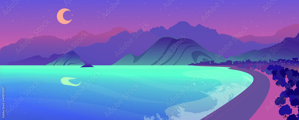 The  beautiful panorama of sea, beach and hills. Sunny afternoon. Wonderful springtime landscape with lake and  mountains. Nature banner for traveling  website. Large background for game. 