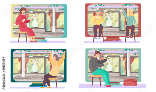 Set of illustrations about people on the background of the wedding salon. Players are sitting with cards in their hands. The characters ponder the next move in the game. Couples planning a wedding